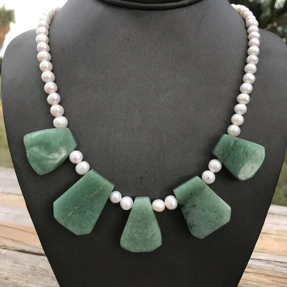Genuine Natural Jade Nephrite Pearl Cleopatra Necklace Sterling Silver 925
